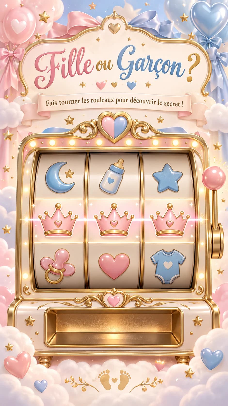 Machine à sous dorée rose et crème, titre « Fille ou garçon ? », ballons et nuages pastel