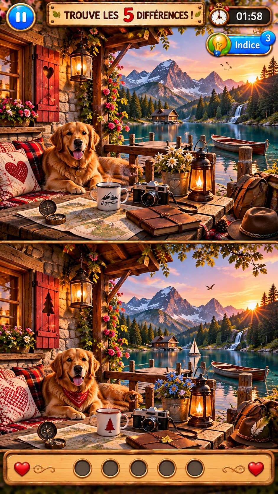 Deux images presque identiques d'une terrasse de chalet au bord d'un lac de montagne : golden retriever, tasse, appareil photo, lanterne ; « Trouve les 5 différences ! »