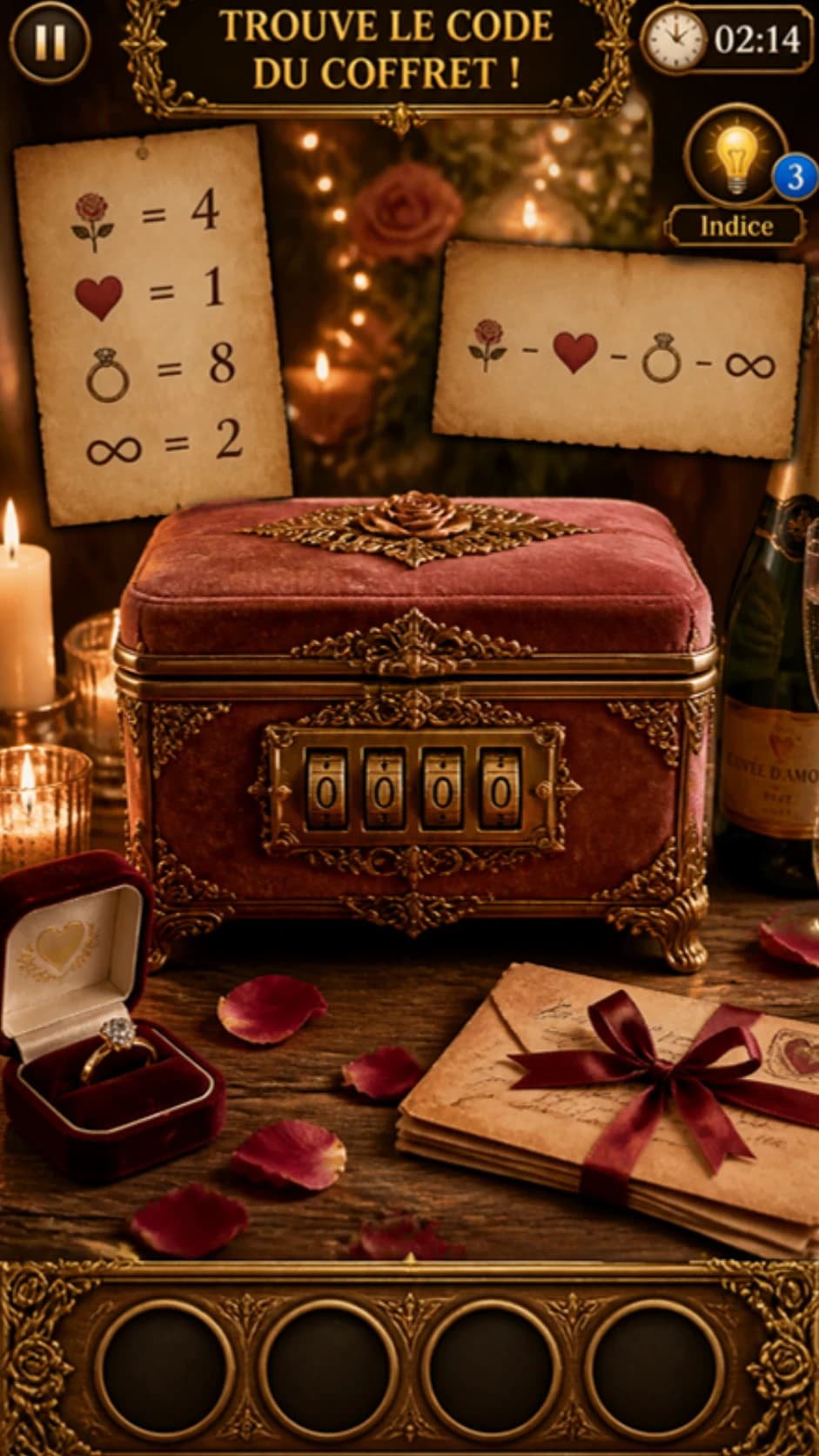 Coffret à bijoux romantique entouré de pétales de roses, bougies et bague de fiançailles, légende rose = 4, cœur = 1, bague = 8, infini = 2, et parchemin donnant l'ordre des symboles, bandeau de 4 molettes dorées « TROUVE LE CODE DU COFFRET ! »