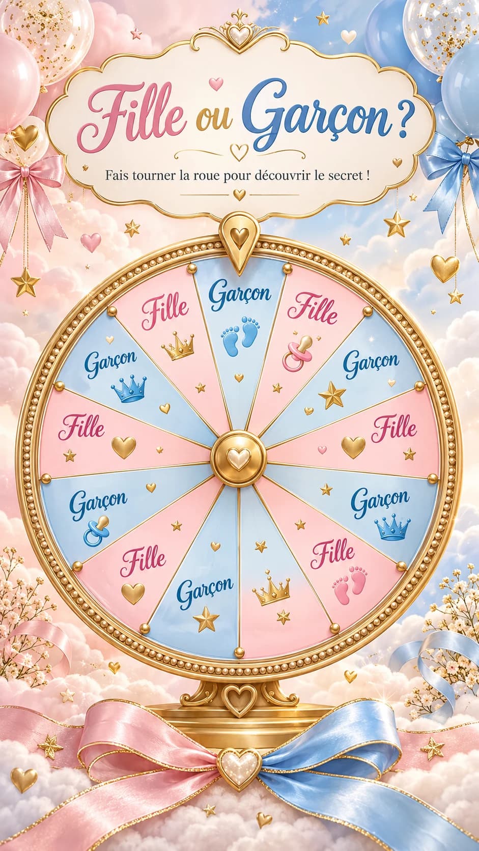Roue dorée aux cases roses « Fille » et bleues « Garçon », titre « Fille ou garçon ? », ballons, rubans et nuages