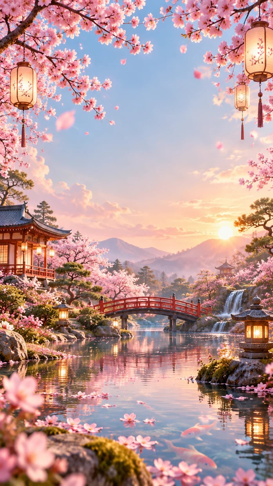 Jardin japonais sous les cerisiers en fleurs au coucher du soleil, pont rouge et étang, avec une lanterne céleste en papier