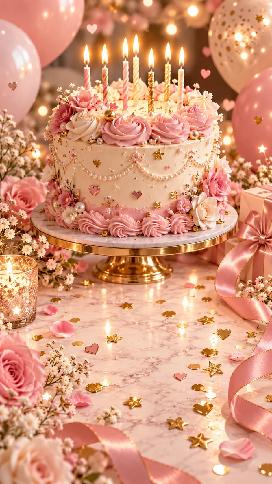 Gâteau d'anniversaire rose et doré aux bougies allumées, entouré de ballons, de roses et de cadeaux