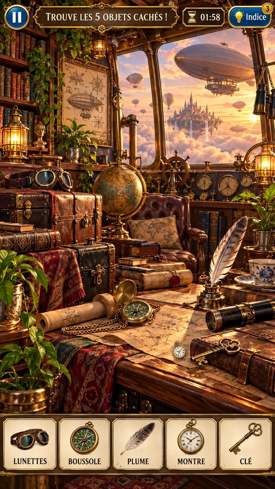 Cabine de dirigeable steampunk au coucher du soleil : globe, malles, cartes, plume, lunettes d'aviateur, cité flottante ; « Trouve les 5 objets cachés ! »
