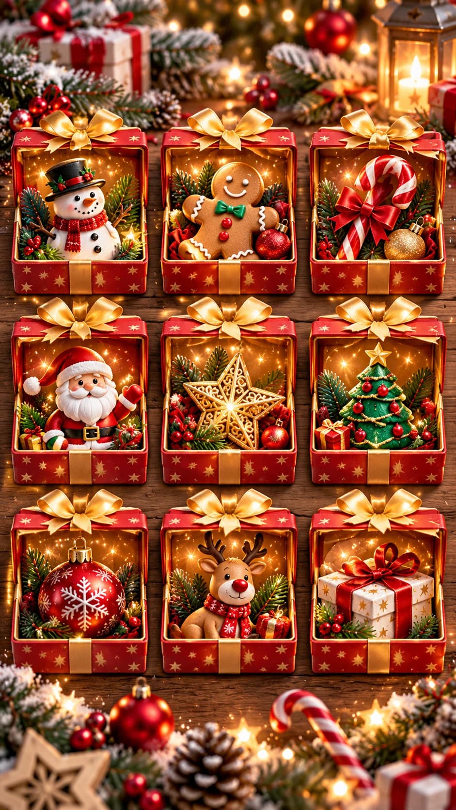 Neuf petits coffrets rouges et or ouverts, chacun avec une figurine de Noël (bonhomme de neige, pain d'épices, sucre d'orge, père Noël, étoile, sapin, boule, renne, cadeau), guirlande lumineuse et branches de sapin enneigées