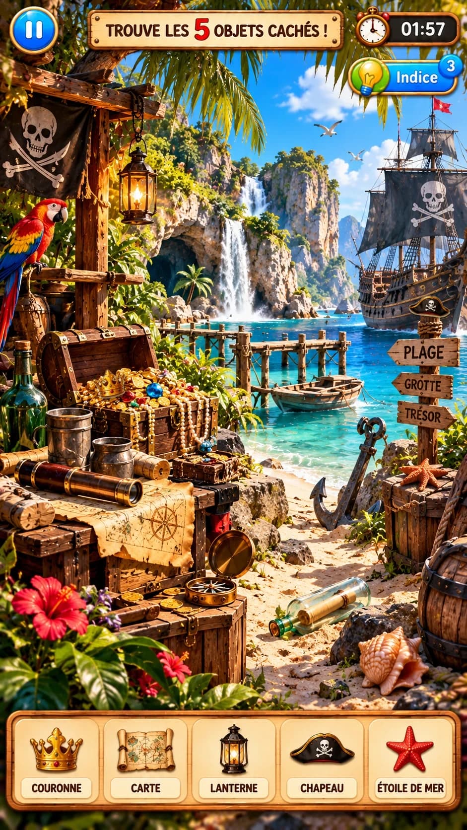 Crique pirate tropicale : coffre au trésor, perroquet, lanterne, carte, ancre, galion et cascade ; « Trouve les 5 objets cachés ! »