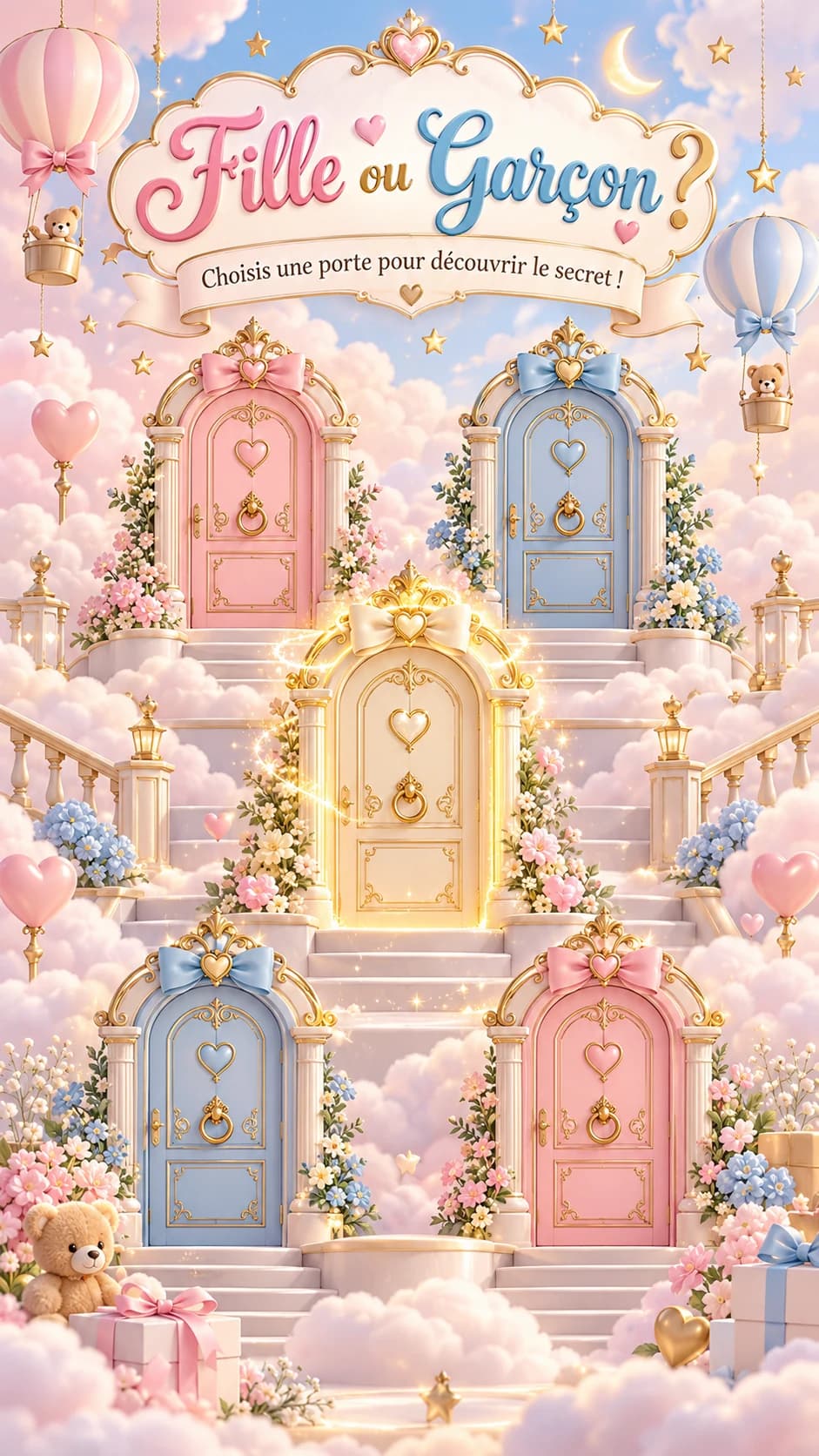 Cinq portes enchantées roses, bleues et dorée sur un escalier dans les nuages, titre « Fille ou garçon ? »