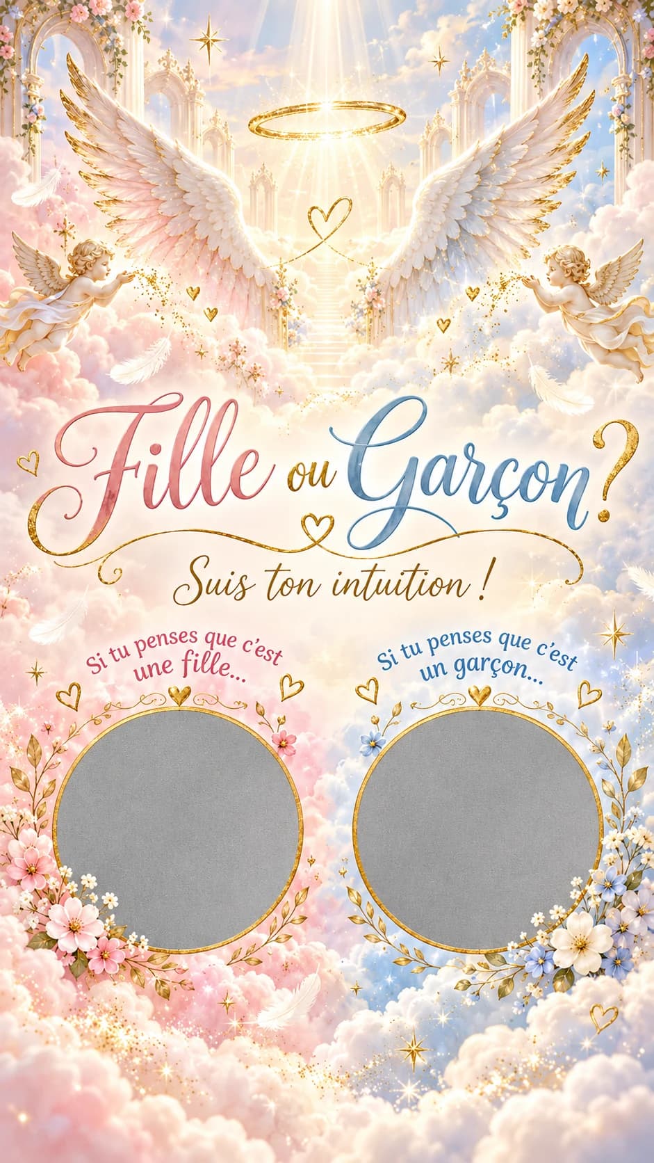 Ailes d'ange et chérubins dans les nuages, titre « Fille ou garçon ? » et deux pastilles argentées à gratter