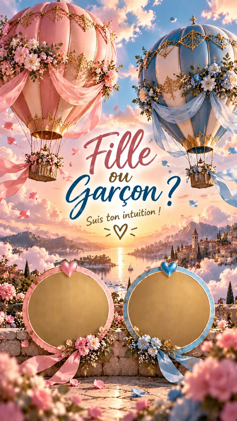 Montgolfières fleuries rose et bleue au-dessus d'un village en bord de mer, titre « Fille ou garçon ? » et deux pastilles dorées à gratter