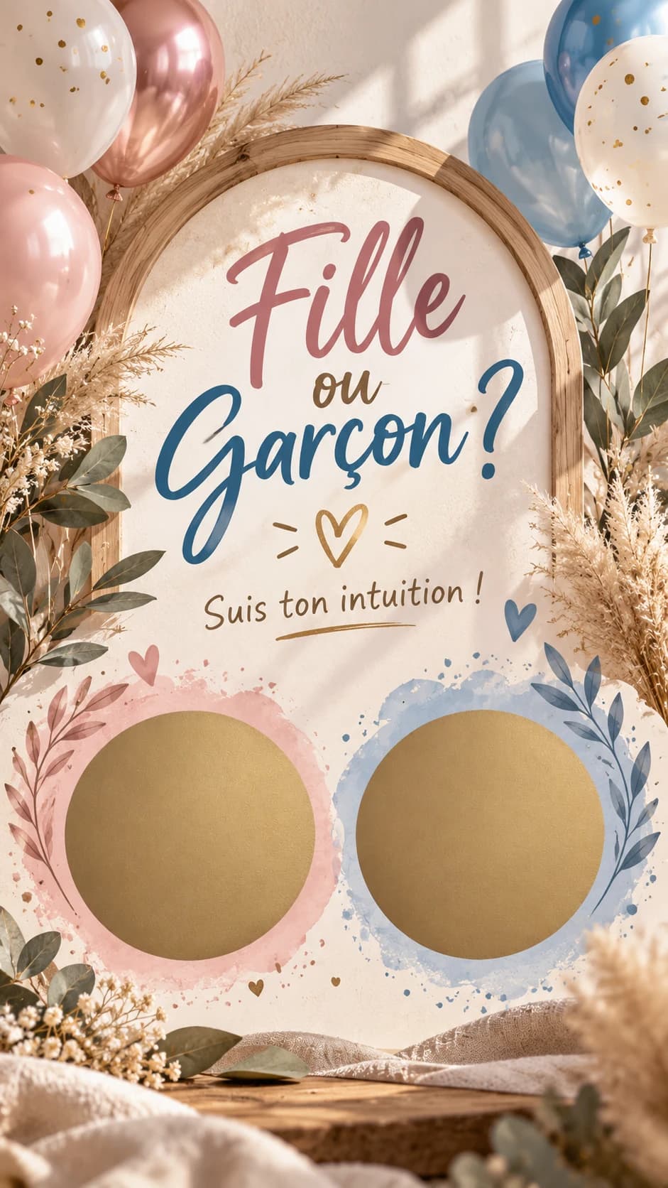 Arche en bois, ballons et herbes de la pampa, titre « Fille ou garçon ? » et deux pastilles dorées à gratter