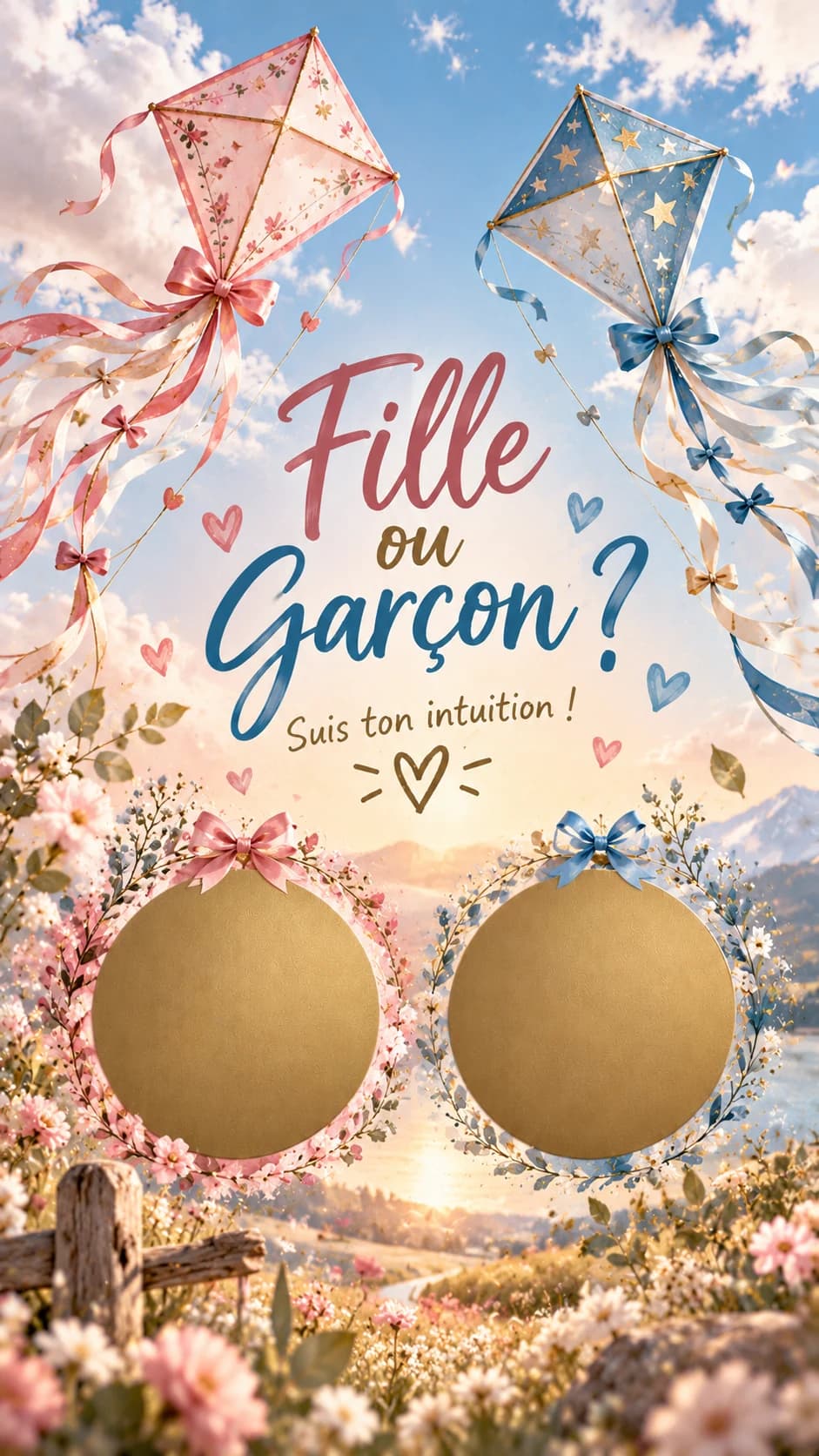 Cerfs-volants rose et bleu dans un ciel d'été, couronnes de fleurs, titre « Fille ou garçon ? » et deux pastilles dorées à gratter