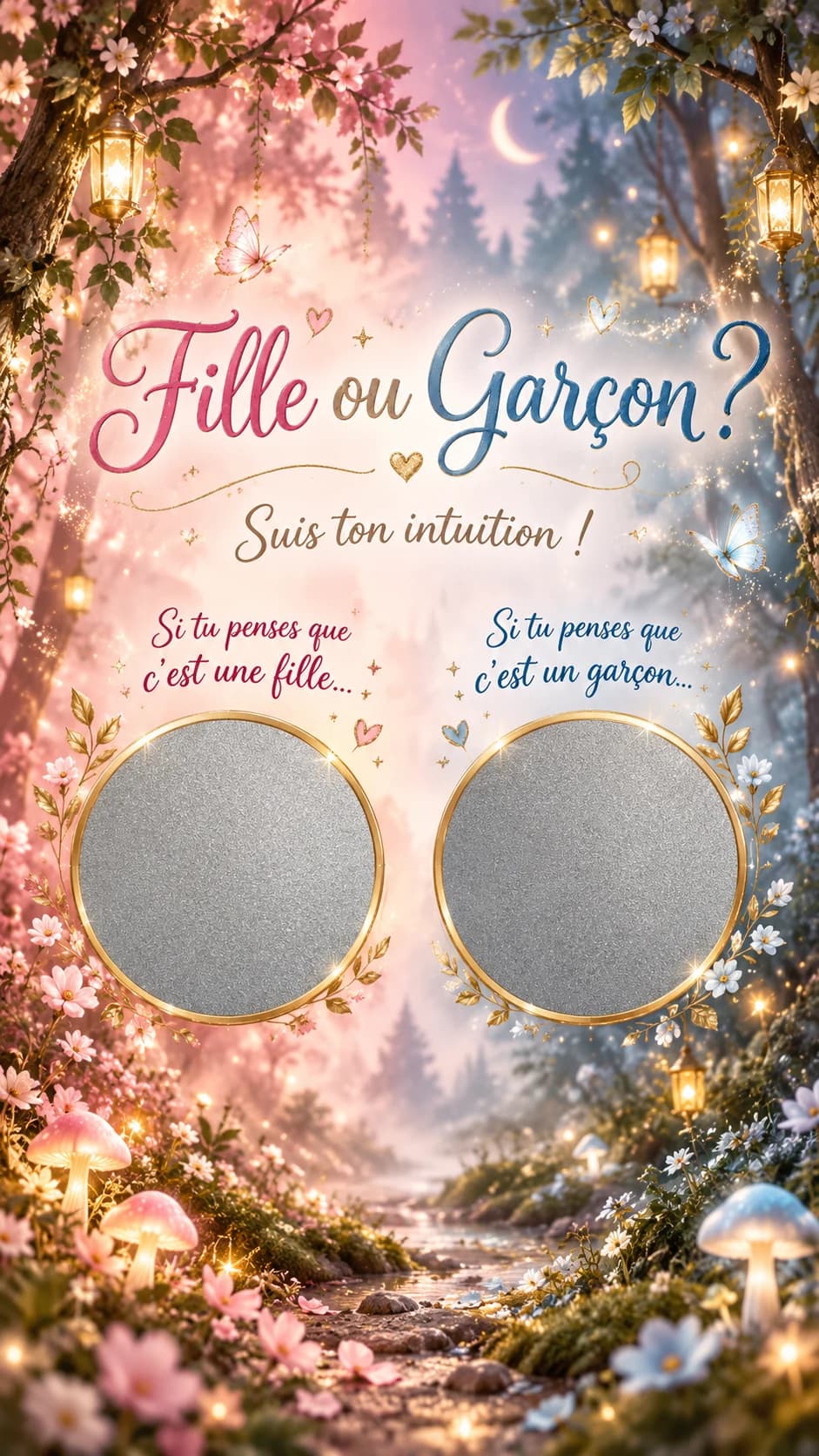 Forêt enchantée avec lanternes, champignons lumineux et papillons, titre « Fille ou garçon ? » et deux pastilles argentées à gratter