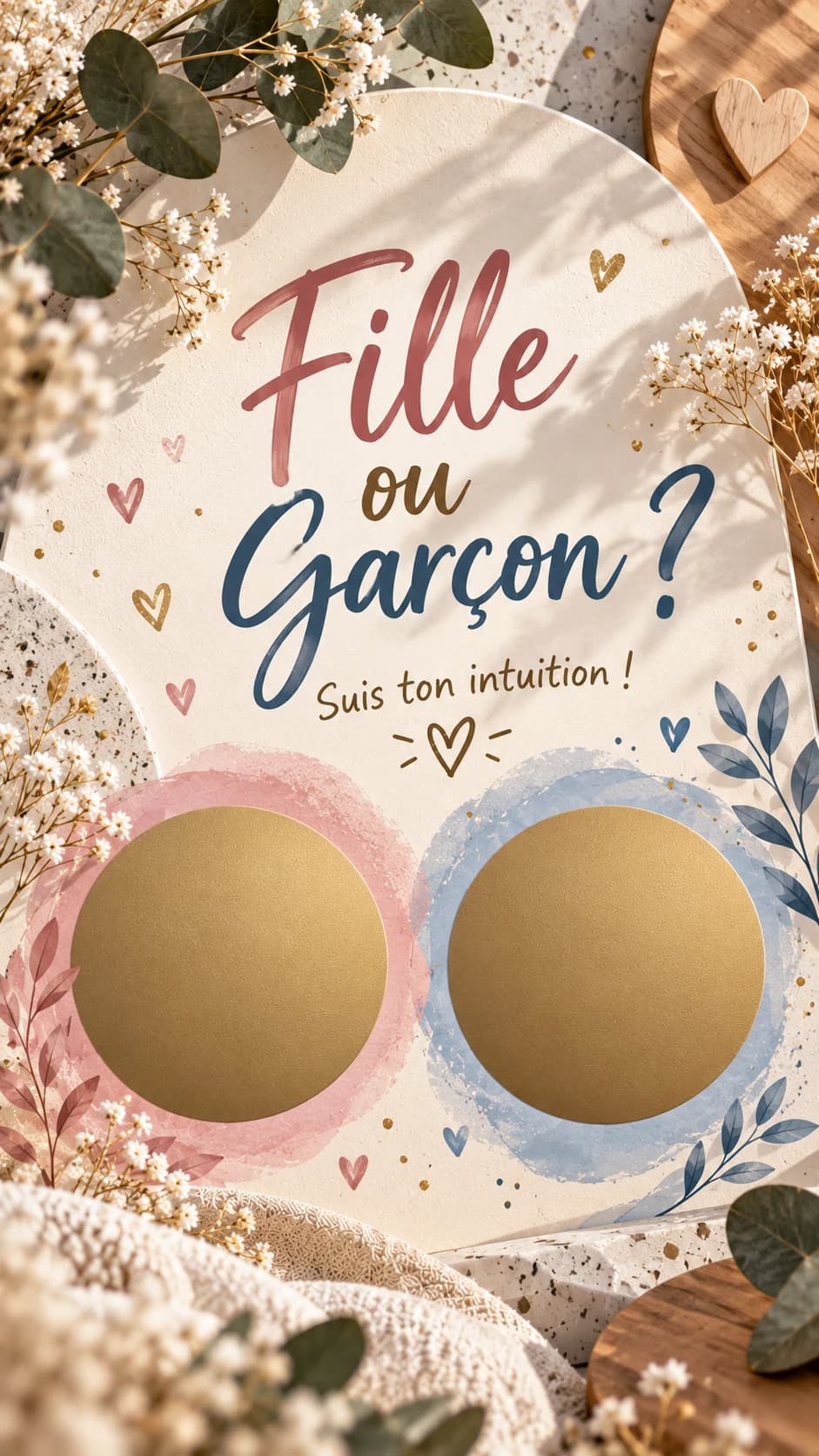 Carte bohème entre gypsophile et eucalyptus, titre « Fille ou garçon ? » et deux pastilles dorées à gratter