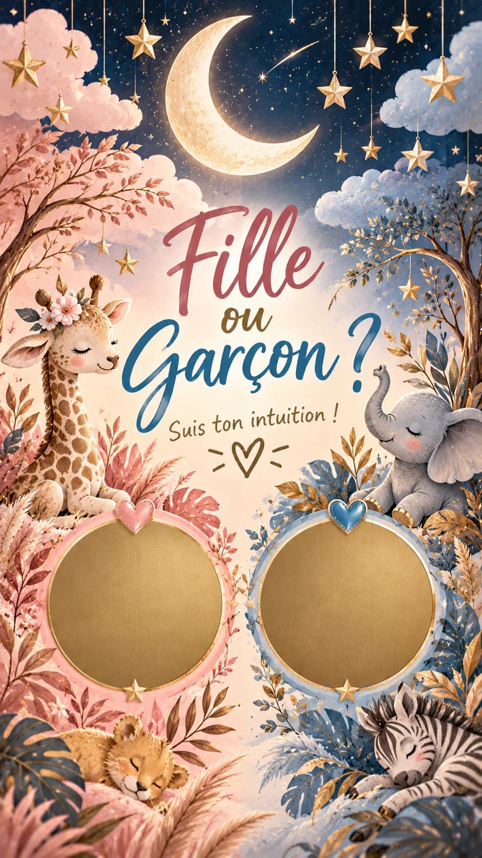 Bébés animaux de la savane endormis sous la lune, titre « Fille ou garçon ? » et deux pastilles dorées à gratter