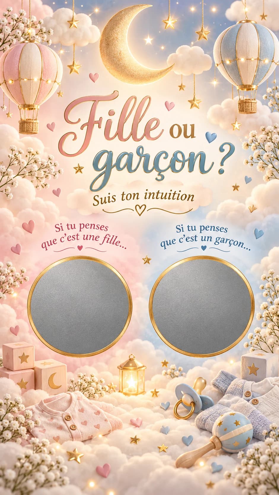 Lune dorée, montgolfières et nuages, titre « Fille ou garçon ? » et deux pastilles argentées à gratter