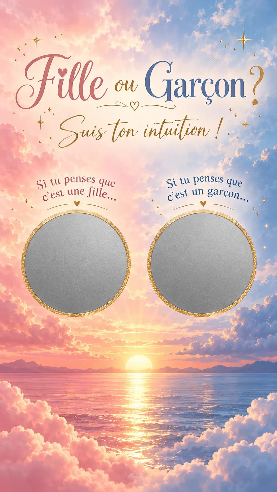 Coucher de soleil sur la mer, ciel rose et bleu, titre « Fille ou garçon ? » et deux pastilles argentées à gratter