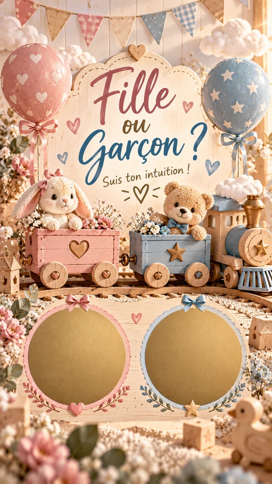 Petit train en bois avec lapin et ourson en peluche, titre « Fille ou garçon ? » et deux pastilles dorées à gratter
