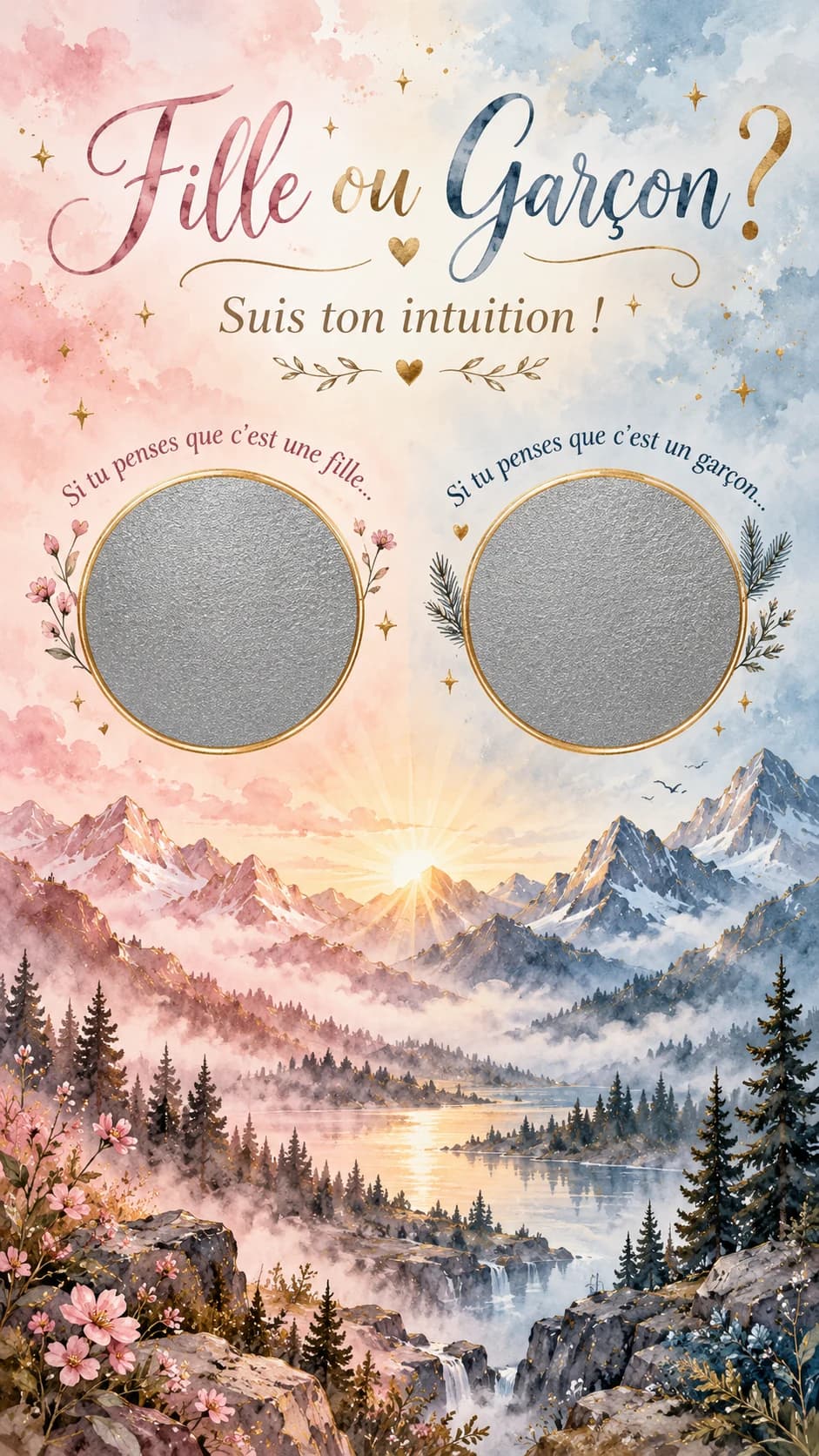 Paysage de montagnes et lac à l'aquarelle au lever du soleil, titre « Fille ou garçon ? » et deux pastilles argentées à gratter