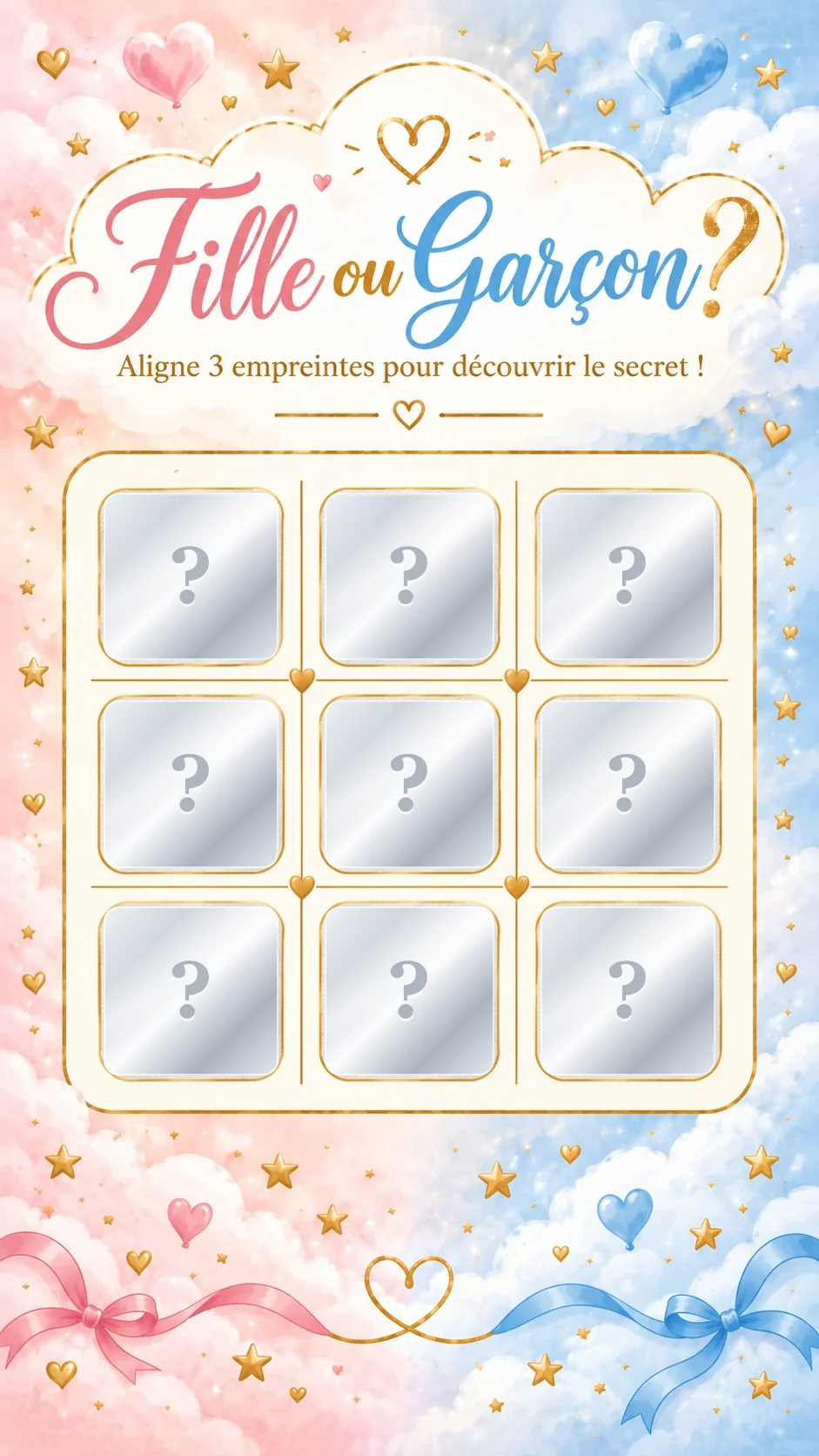 Carte « Fille ou garçon ? » rose et bleue : grille de neuf cases argentées à gratter, nuages, cœurs et rubans
