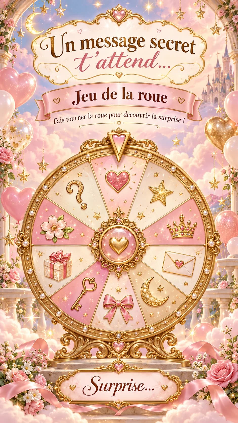 Roue dorée aux cases roses et crème (cœur, étoile, couronne, enveloppe, lune…), titre « Un message secret t'attend… Jeu de la roue »