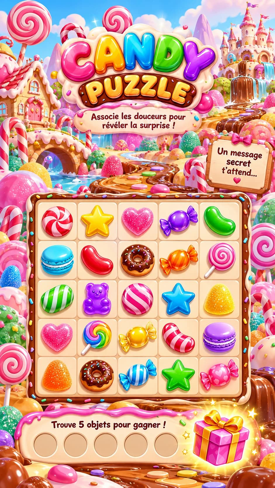 « Candy Puzzle » : plateau de 25 bonbons (sucettes, étoiles, macarons, beignets, ourson) au pays des confiseries, « Trouve 5 objets pour gagner ! »