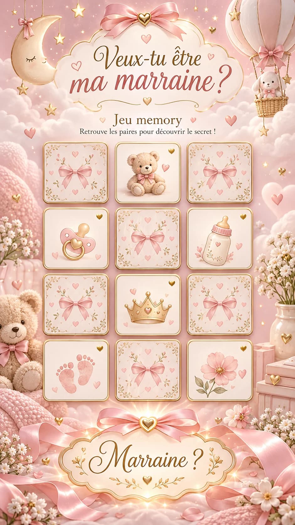 Jeu de memory rose « Veux-tu être ma marraine ? » : ourson, tétine, biberon, couronne, petits pieds et fleur, nounours et fleurs