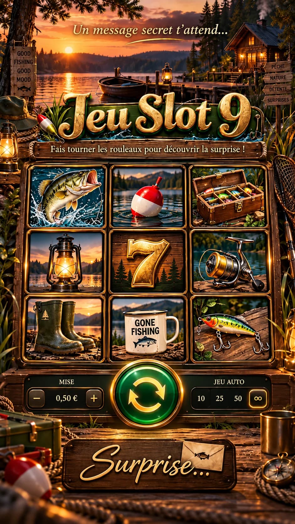 Machine à sous en bois « Jeu Slot 9 » au bord d'un lac au coucher du soleil, poisson, bouchon, moulinet et leurre