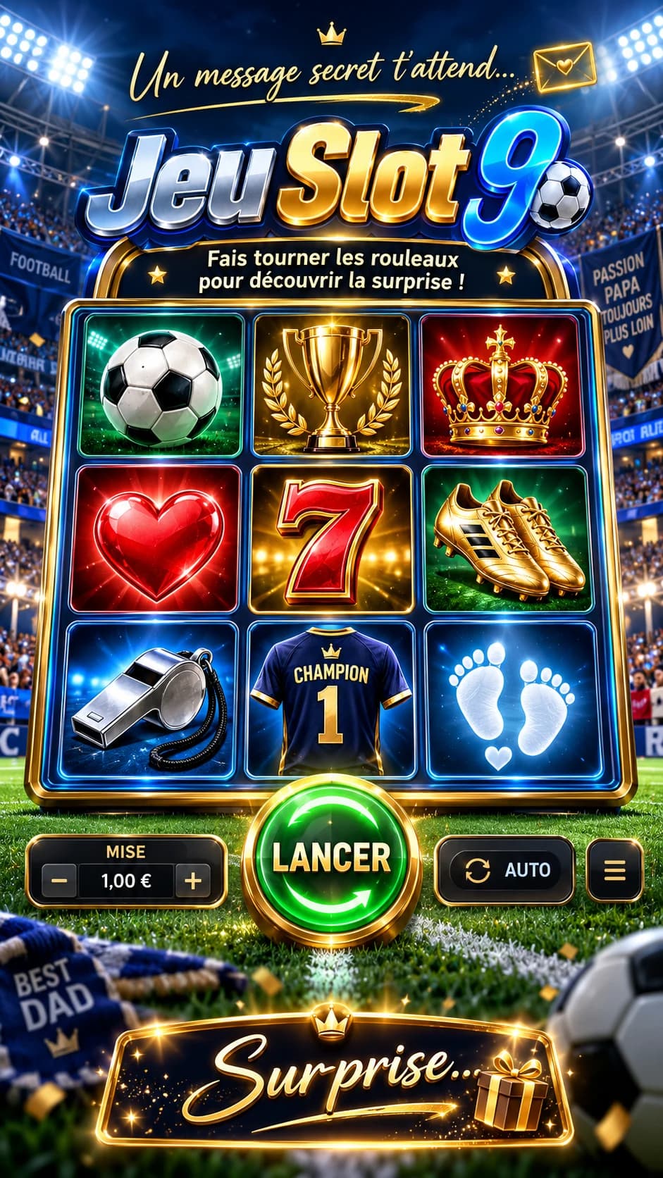 Machine à sous bleu et or dans un stade de foot, ballon, trophée, maillot « Champion 1 » et petits pieds de bébé