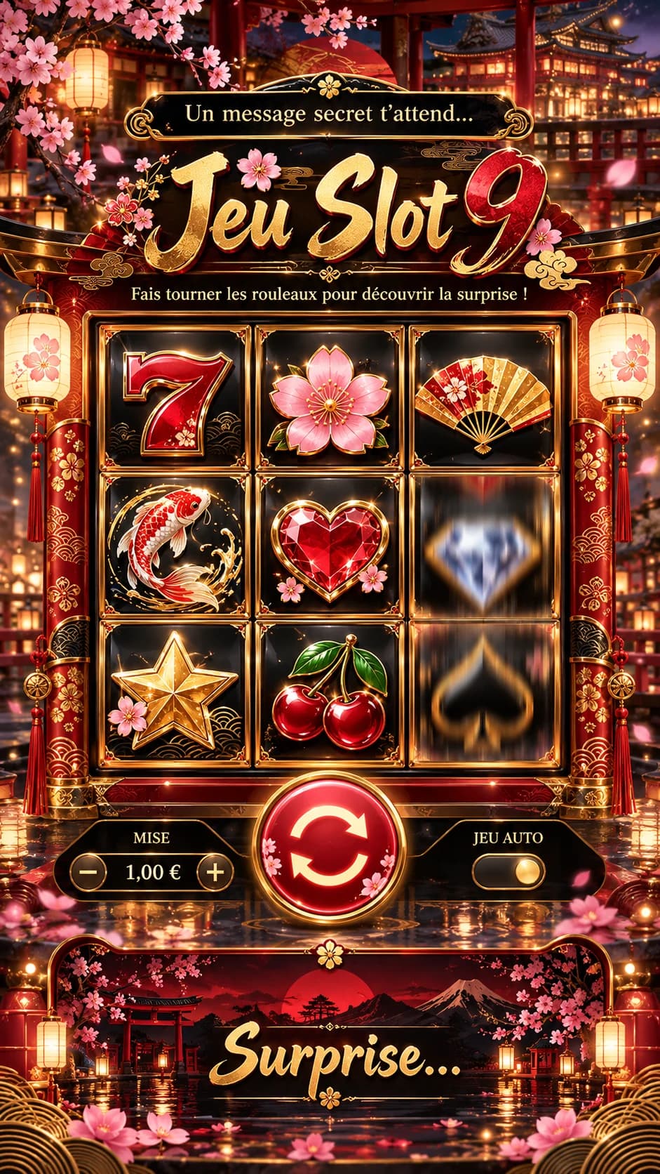 Machine à sous rouge et or japonaise entre deux lanternes, fleur de cerisier, éventail, carpe koï et cerises