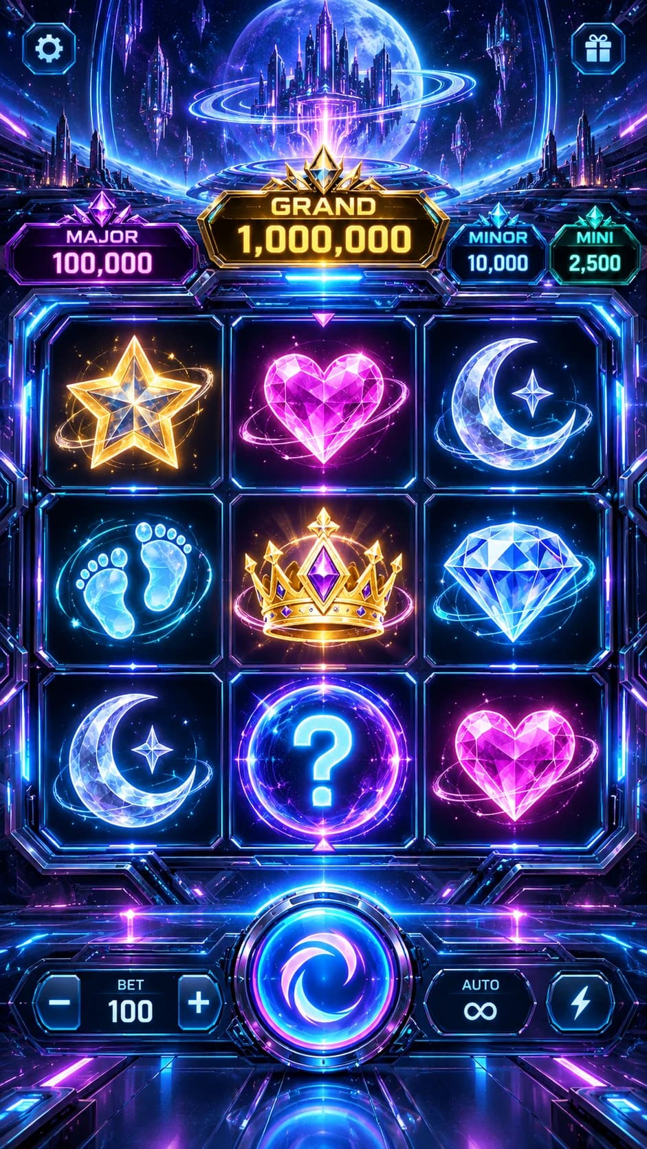 Machine à sous futuriste néon bleu et rose, étoile, cœur de cristal, lune, diamant et couronne