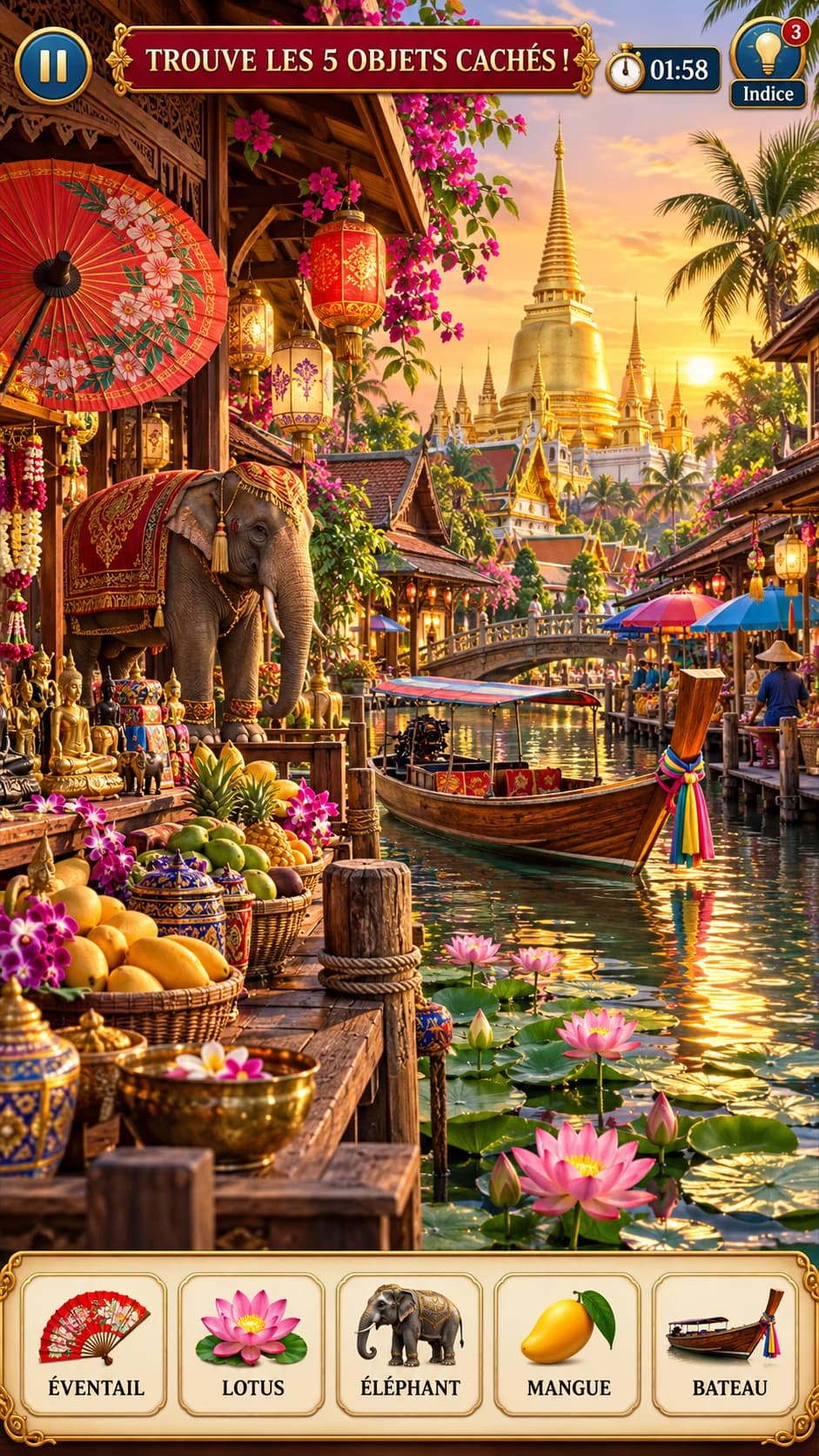 Marché flottant thaïlandais au coucher du soleil : éléphant paré, ombrelle, lanternes, fruits, bateau à longue queue, lotus et temple doré ; « Trouve les 5 objets cachés ! »