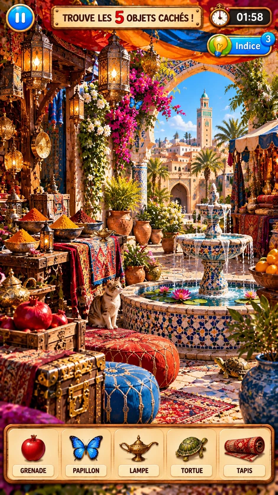 Marché marocain : lanternes, épices, tapis, poufs, fontaine en zellige, chat et minaret ; « Trouve les 5 objets cachés ! »
