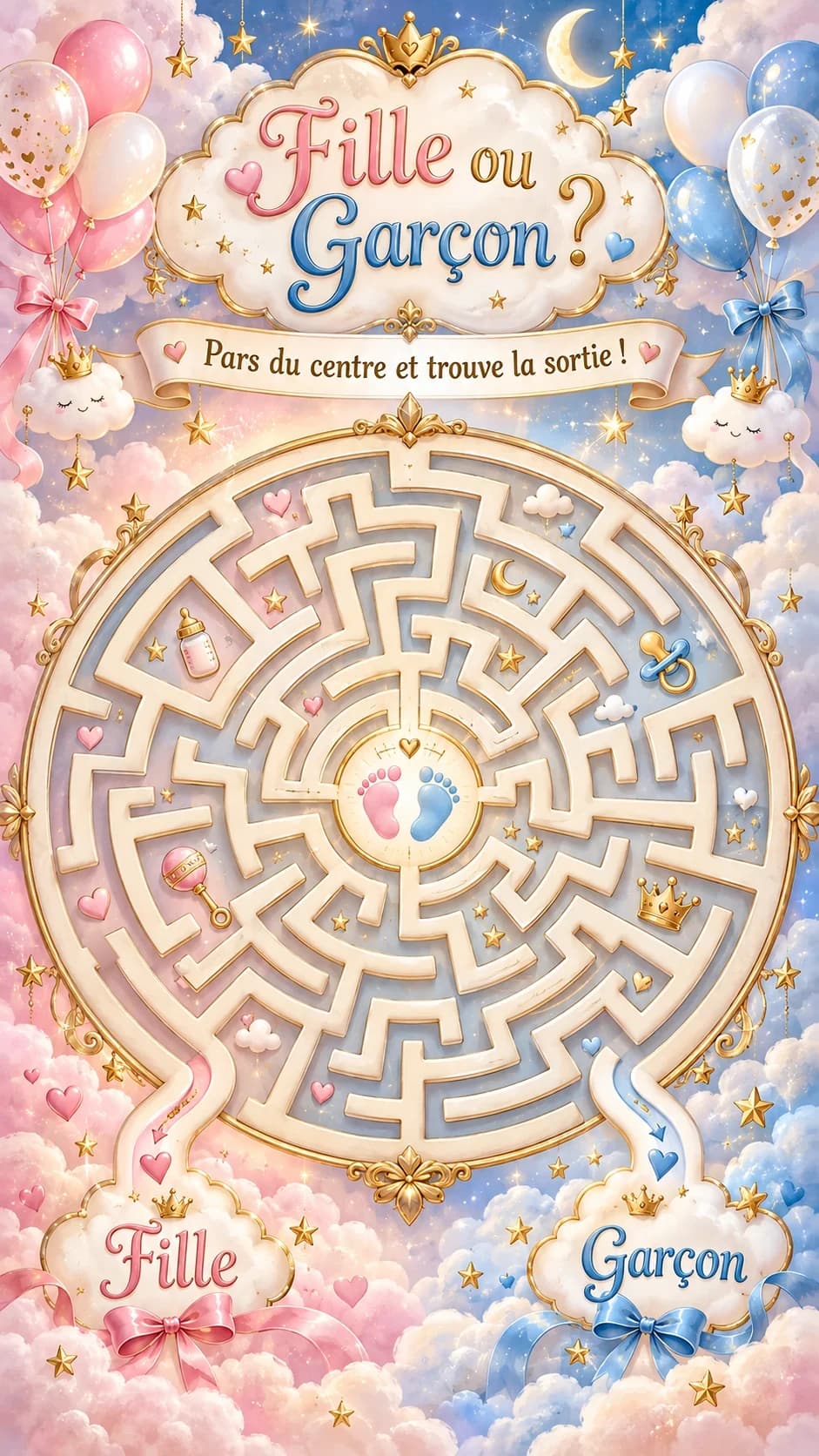 Labyrinthe rond dans les nuages, petits pieds rose et bleu au centre, sorties « Fille » et « Garçon », titre « Fille ou garçon ? »