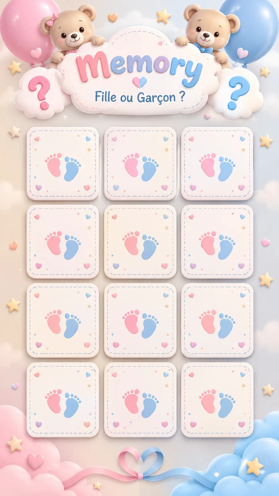 Jeu de memory « Fille ou garçon ? » : douze cartes aux petits pieds rose et bleu, oursons, ballons et nuages