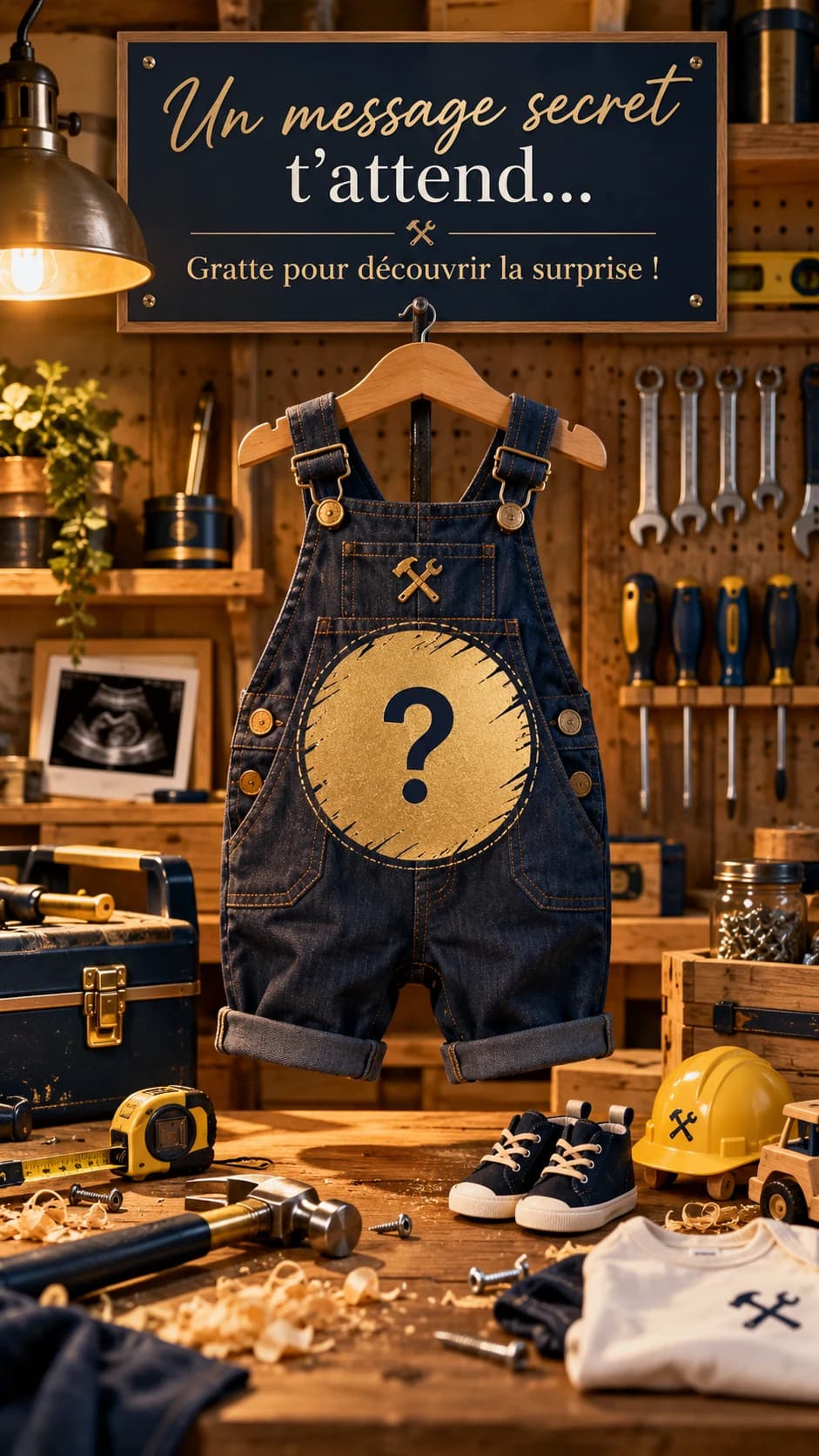 Atelier en bois, petite salopette en jean au médaillon doré « ? », outils, échographie et baskets de bébé, titre « Un message secret t'attend… »