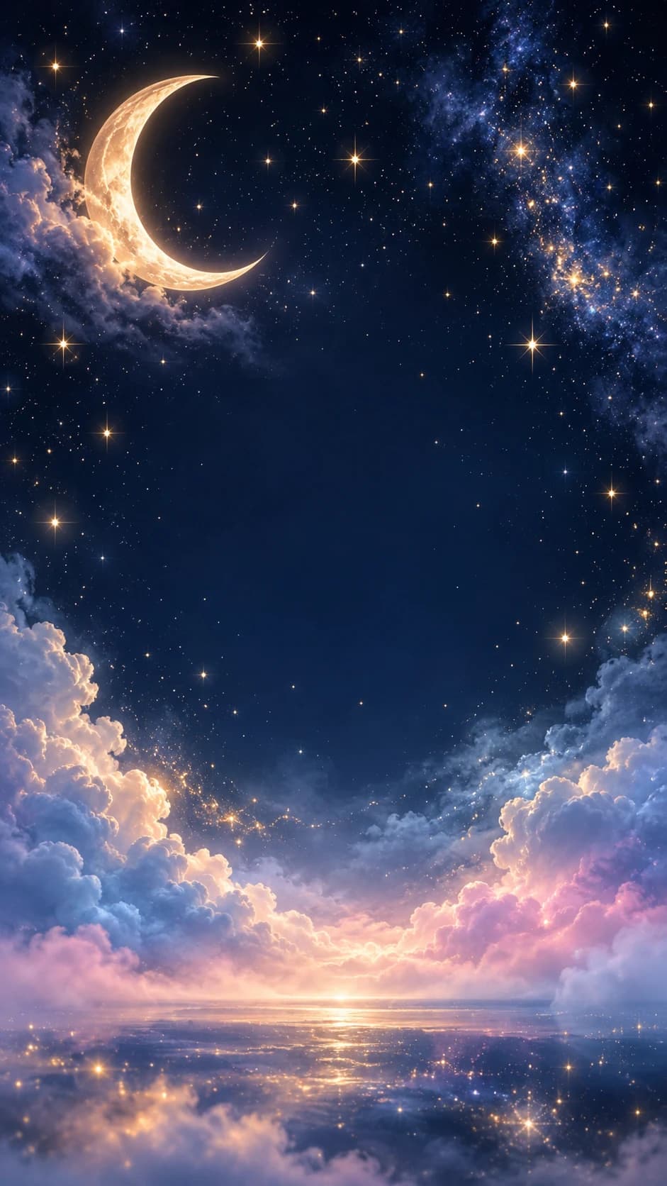 Ciel de nuit étoilé, croissant de lune doré et nuages rose et bleu au-dessus de l'eau, avec une fusée de feu d'artifice