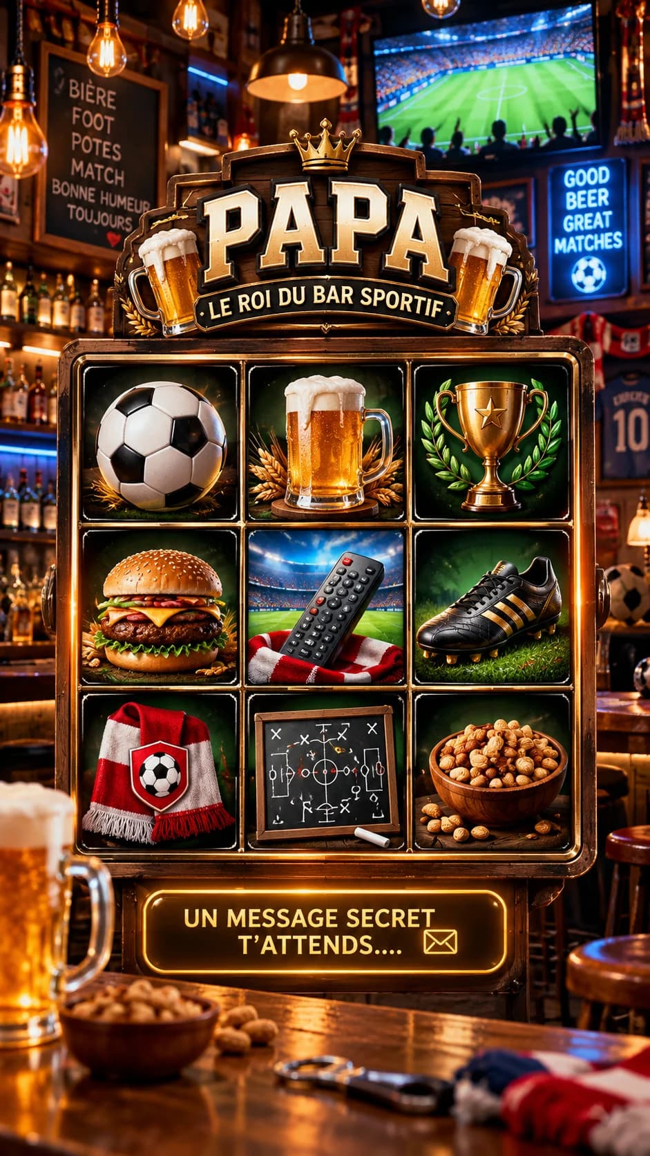 Machine à sous en bois « Papa, le roi du bar sportif » dans un pub, ballon, chope de bière, trophée et burger