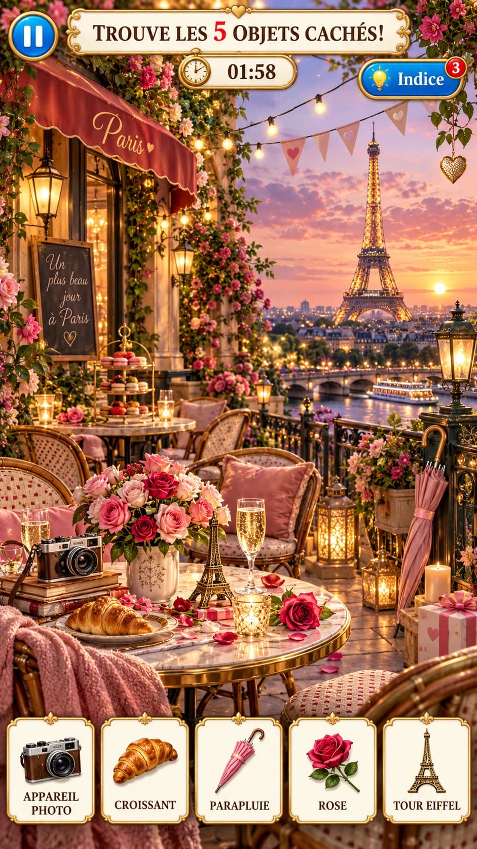 Terrasse de café parisienne au coucher du soleil face à la tour Eiffel : roses, croissant, champagne, macarons, parapluie rose ; « Trouve les 5 objets cachés ! »