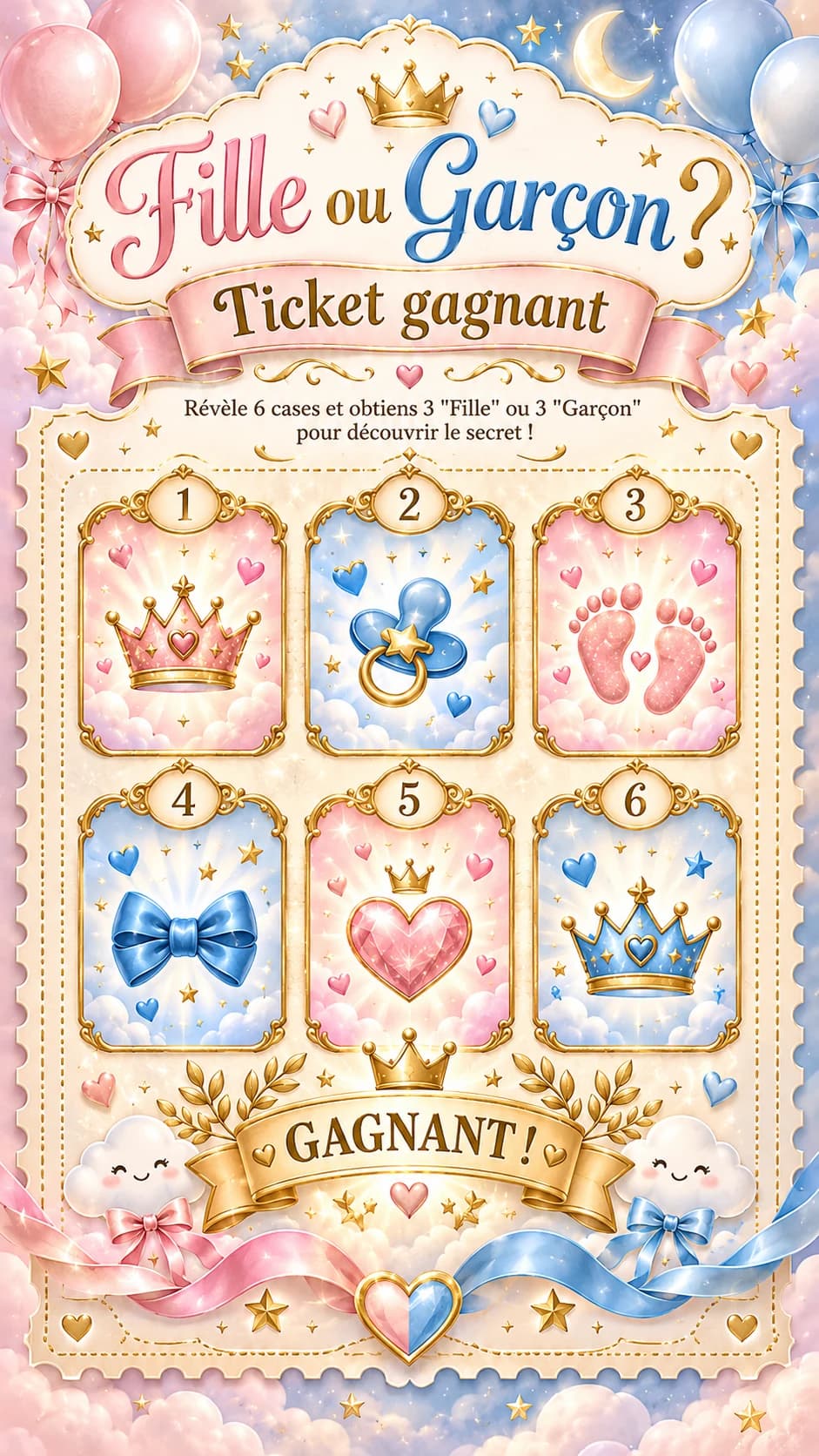 Ticket gagnant « Fille ou garçon ? » : six cases numérotées roses et bleues (couronnes, tétine, petits pieds, nœud, cœur), « Gagnant ! »