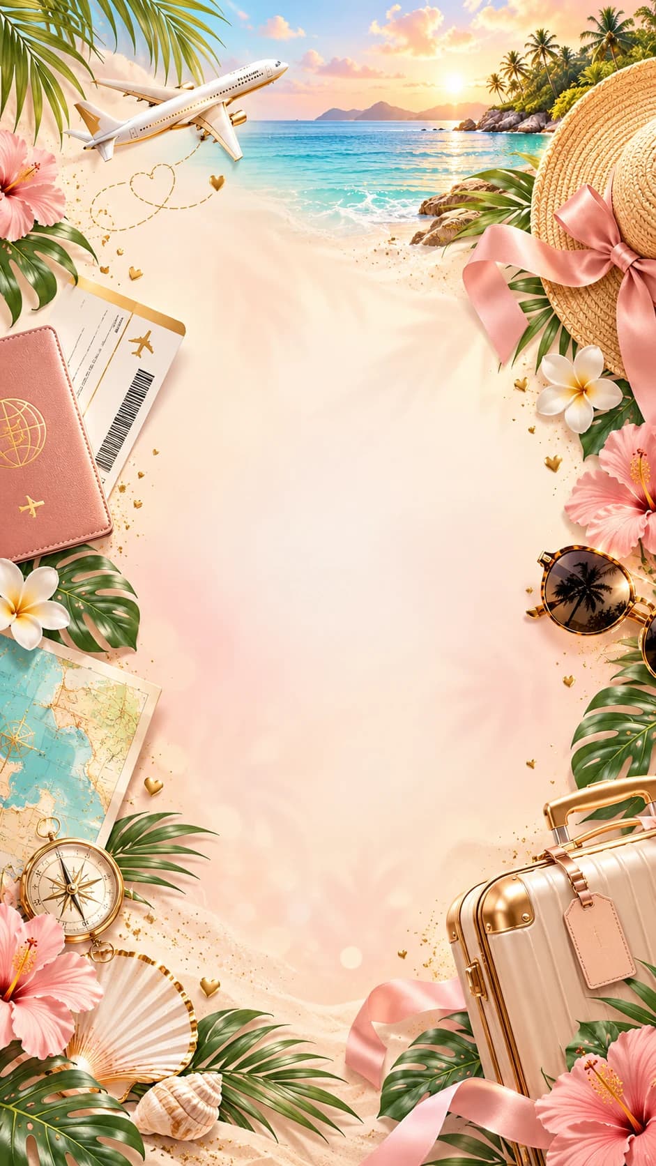 Plage tropicale au coucher du soleil, avion, passeport, carte d'embarquement, chapeau de paille et valise sur le sable