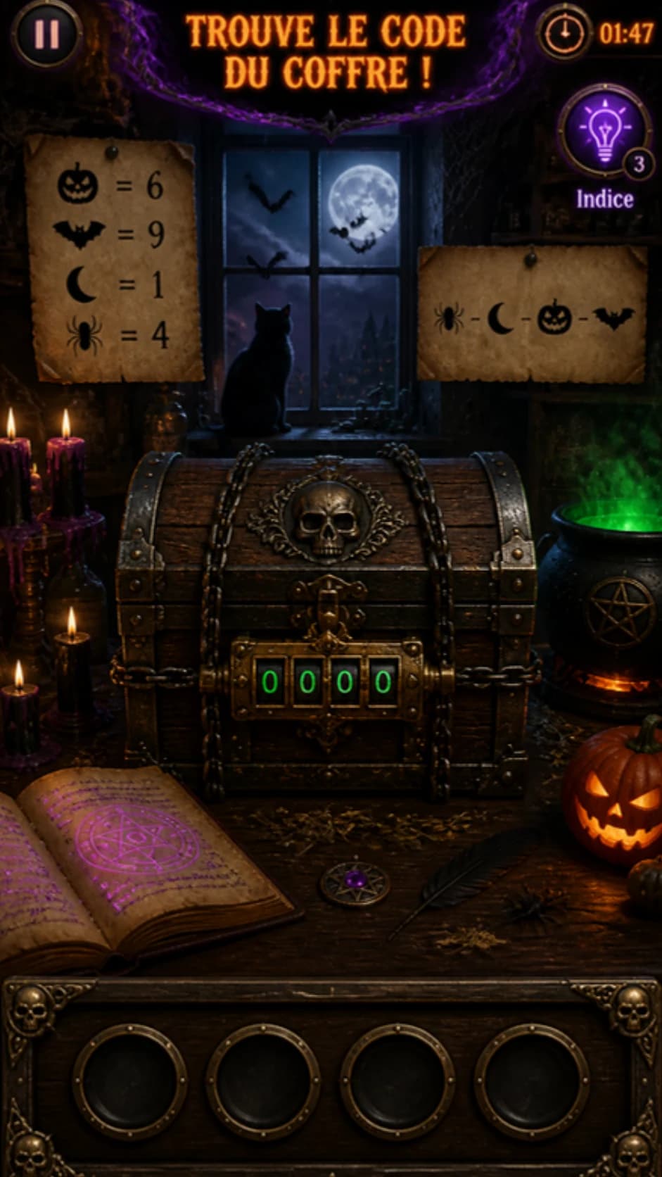 Coffre maudit aux chaînes et au blason de crâne, dans le cabinet d'une sorcière éclairé par des bougies violettes, légende citrouille = 6, chauve-souris = 9, lune = 1, araignée = 4, et parchemin donnant l'ordre des symboles, bandeau de 4 molettes dorées « TROUVE LE CODE DU COFFRE ! »