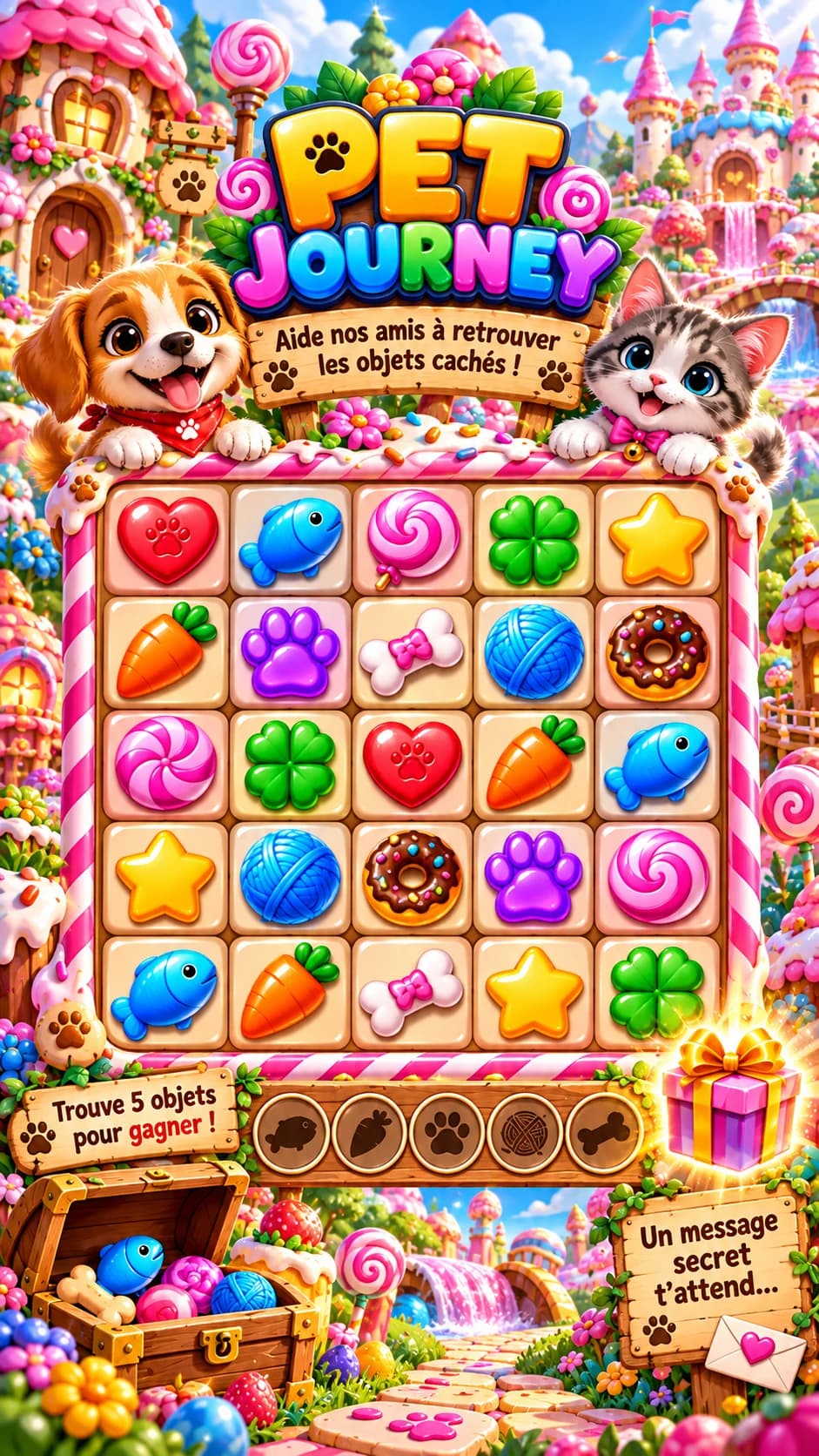 « Pet Journey » au pays des bonbons : chiot et chaton, plateau de 25 friandises, réserve de 5 silhouettes (poisson, carotte, patte, pelote, os)